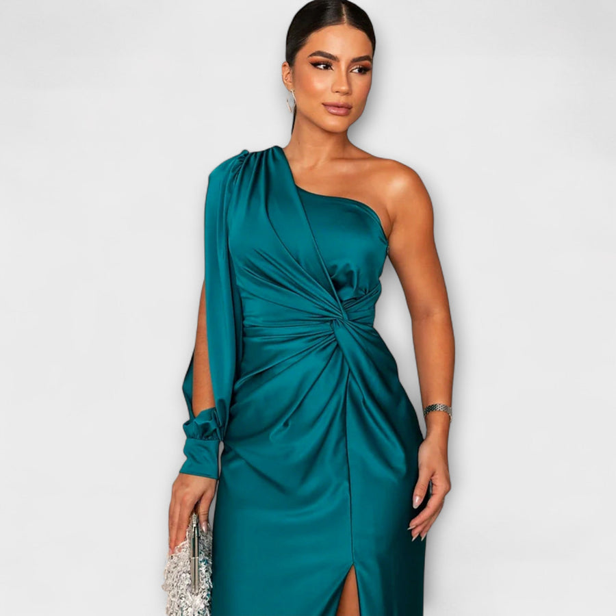 Elisa - Petrolfarbenes One-Shoulder-Kleid mit Raffung