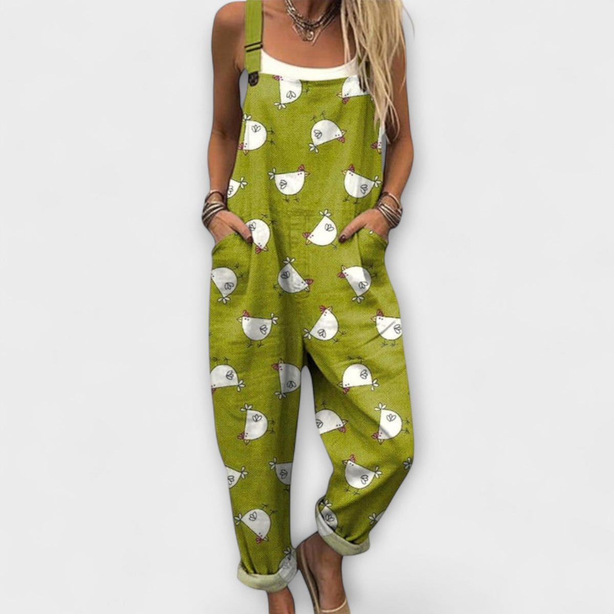 Aurore - Graue Latzhose mit Küken-Motiv
