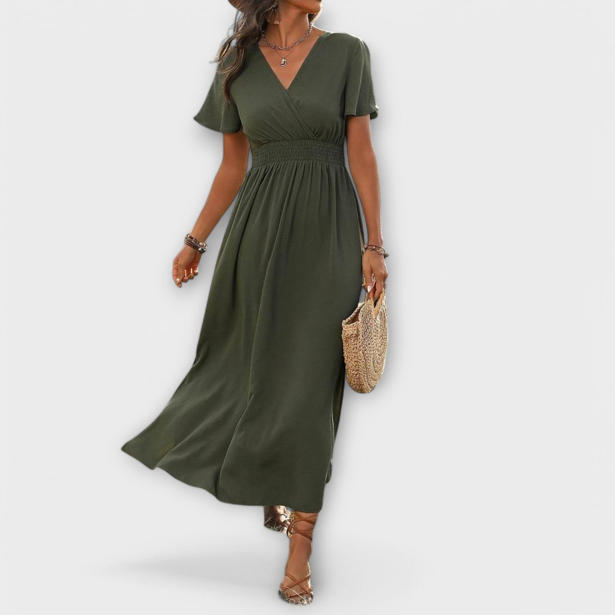 Heather - Olivgrünes Boho-Kleid mit Schlitz