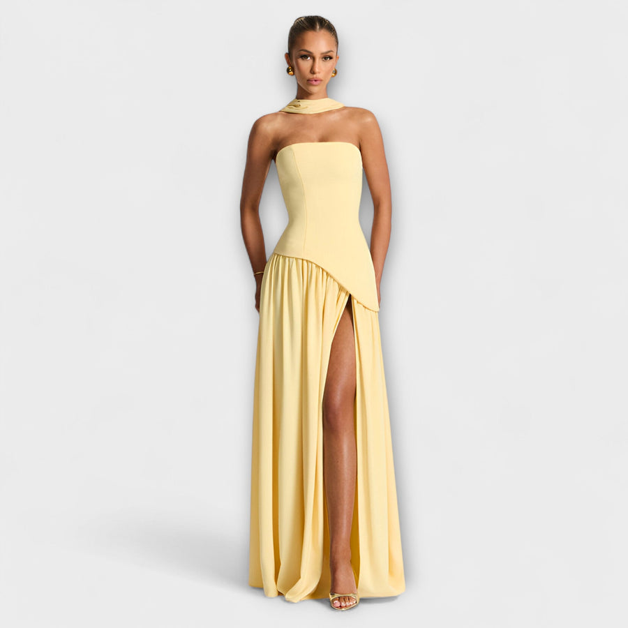 Ada - Gelbes elegantes Maxikleid mit Schlitz