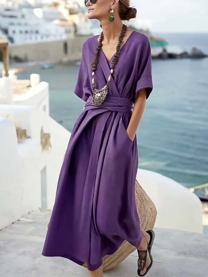 Damen Lockeres Einfarbiges Kleid mit Taschen