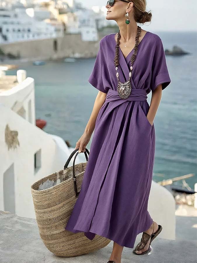 Damen Lockeres Einfarbiges Kleid mit Taschen