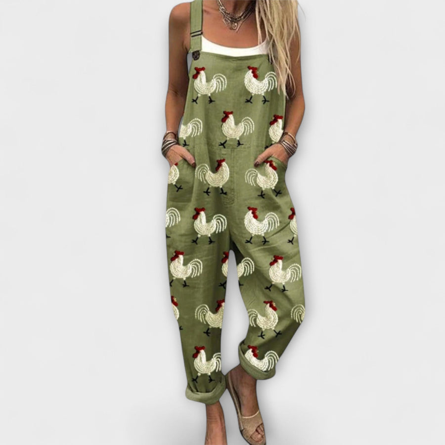 Brigitte - Grüne Latzhose mit Hühnermotiv
