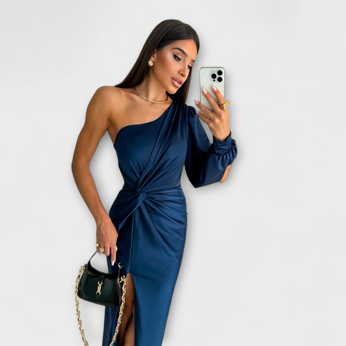 Elisa - Petrolfarbenes One-Shoulder-Kleid mit Raffung