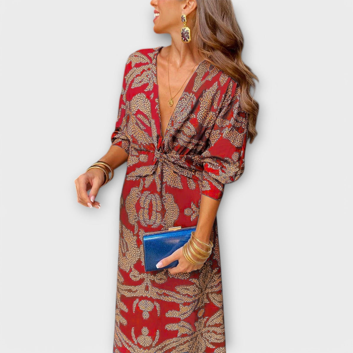 Oriana - Blaues Kleid mit goldenem Muster