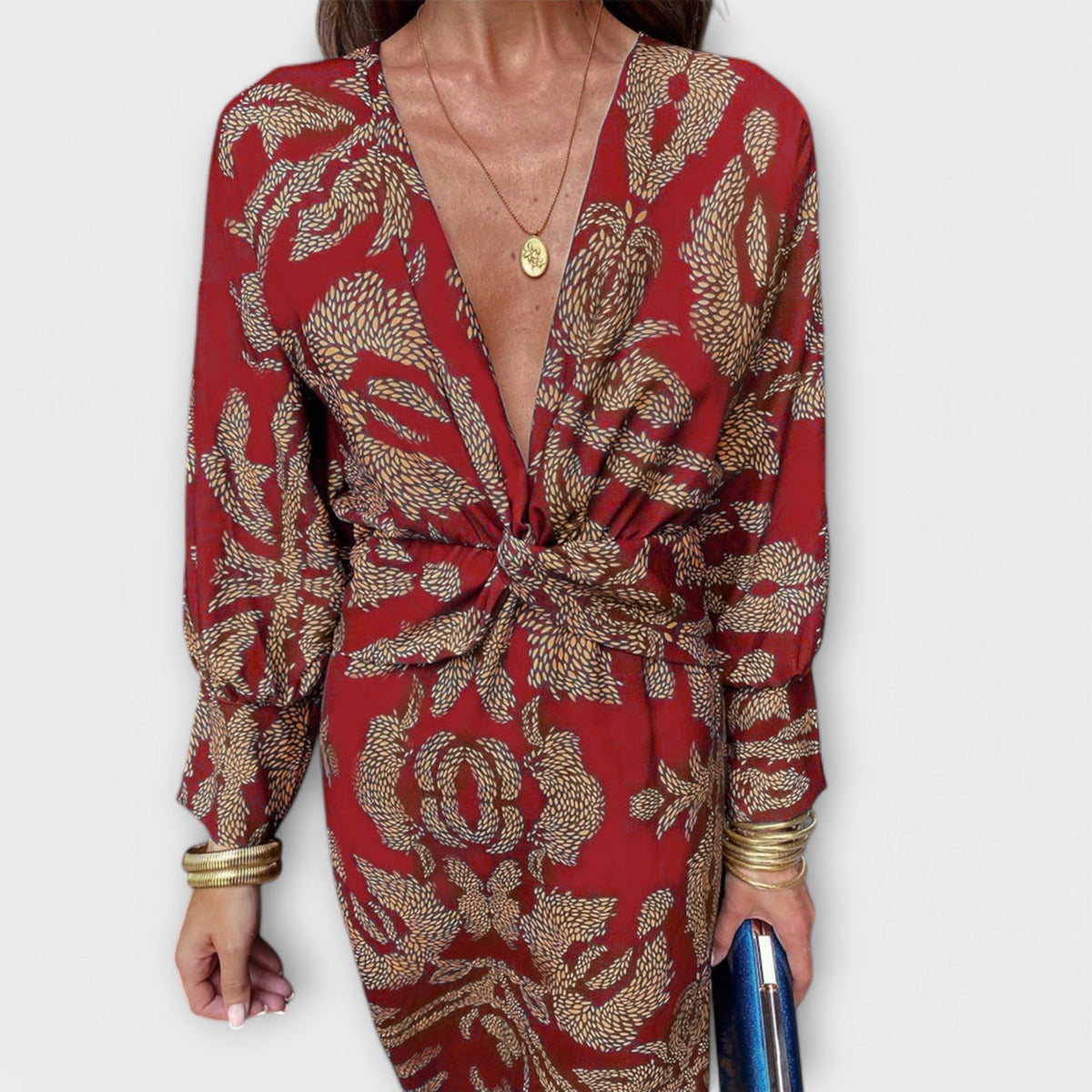 Oriana - Blaues Kleid mit goldenem Muster