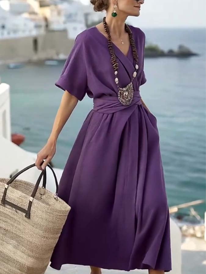 Damen Lockeres Einfarbiges Kleid mit Taschen