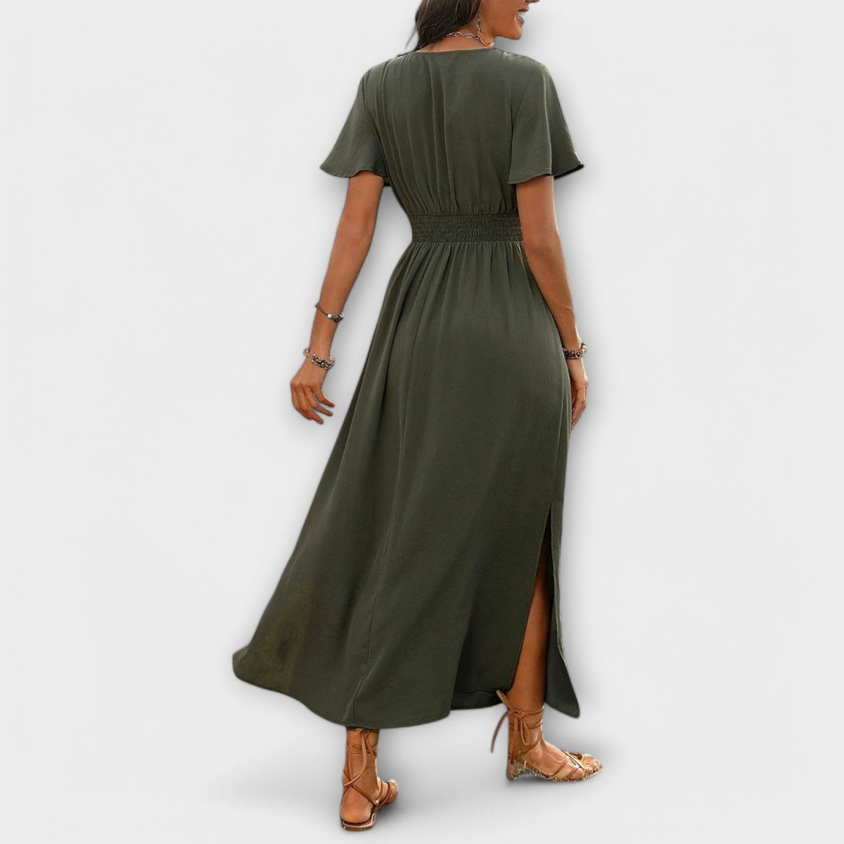 Heather - Olivgrünes Boho-Kleid mit Schlitz