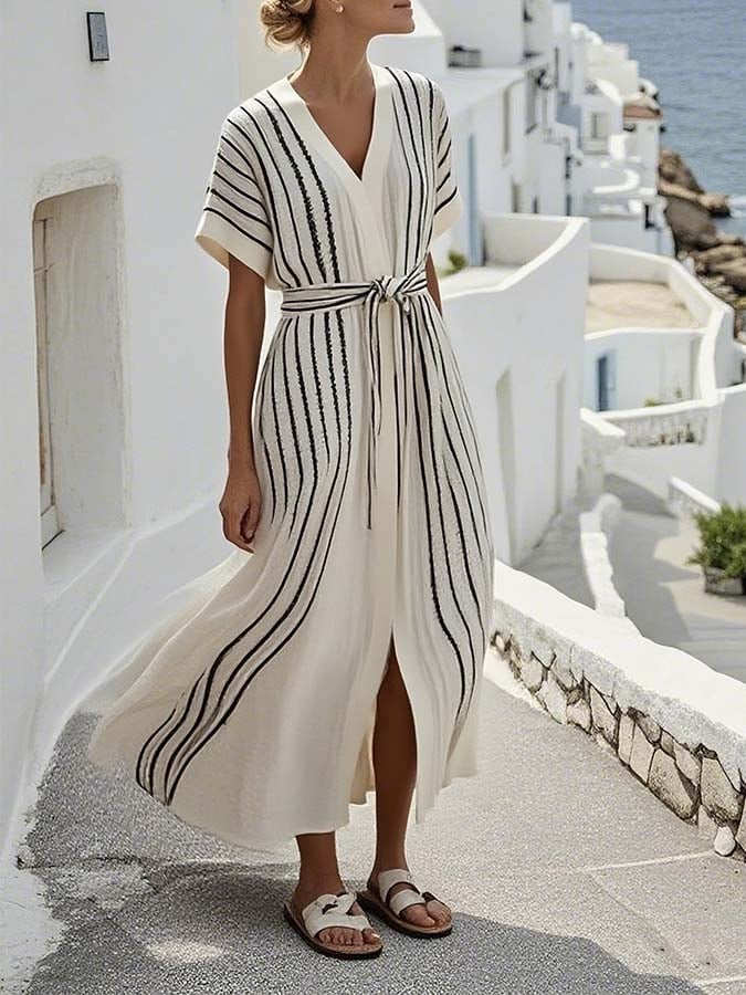 Damen Lockeres Gestreiftes Druckkleid