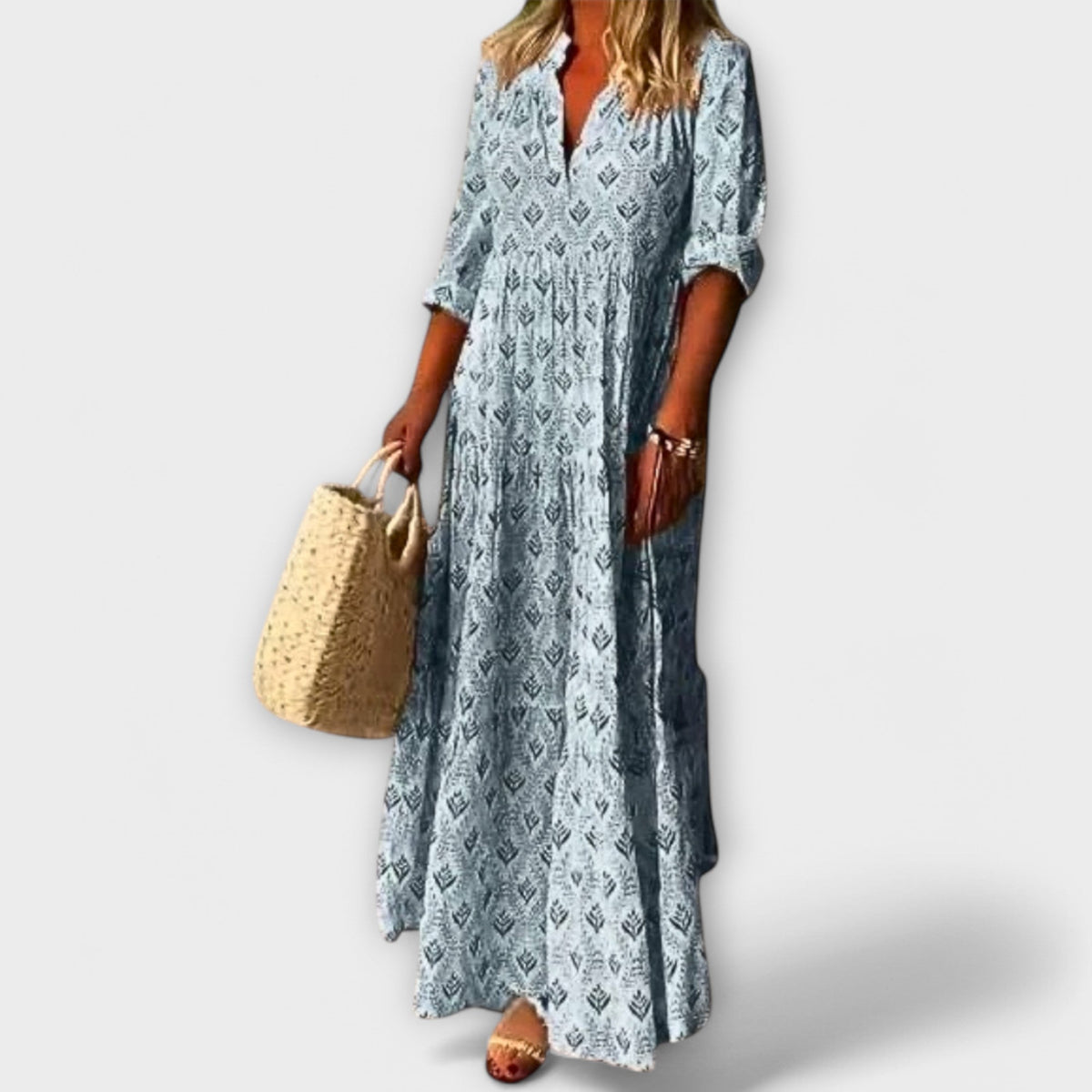 Sera - Cremefarbenes Frühlingsmaxikleid mit Muster