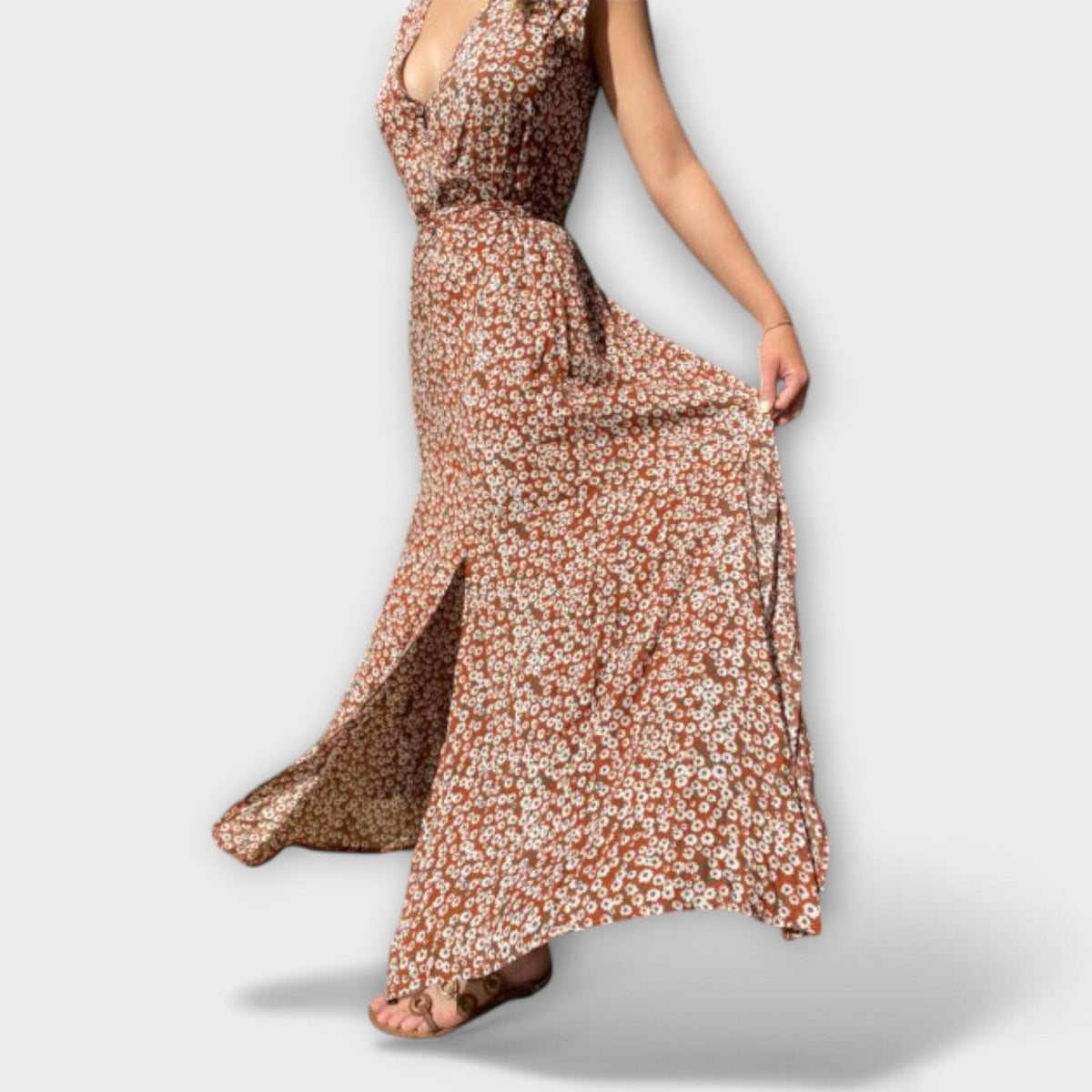 Serephina - Beiges Boho-Maxikleid mit Print