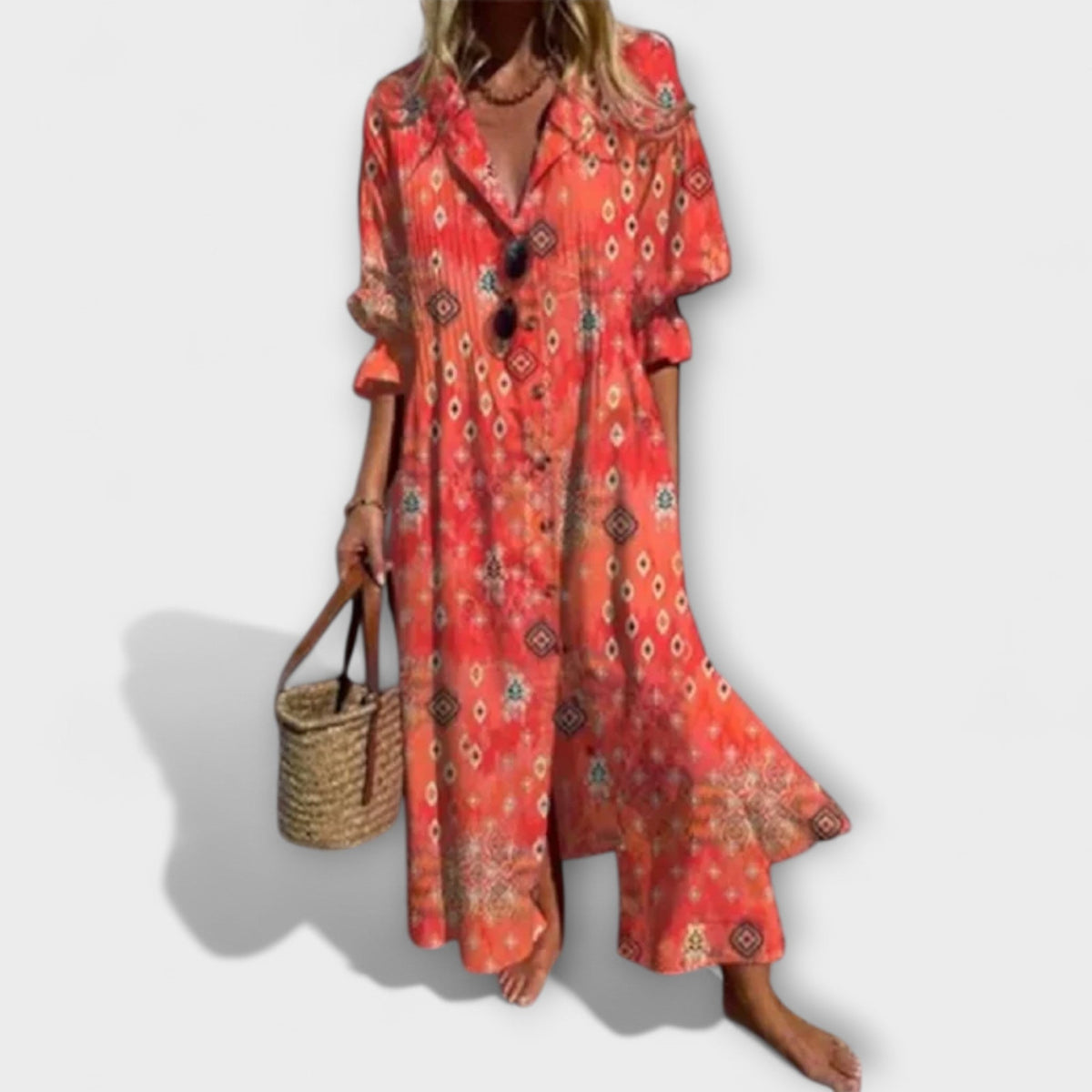 Lila - Hellblaues Hemdblusenkleid mit Blütenmuster