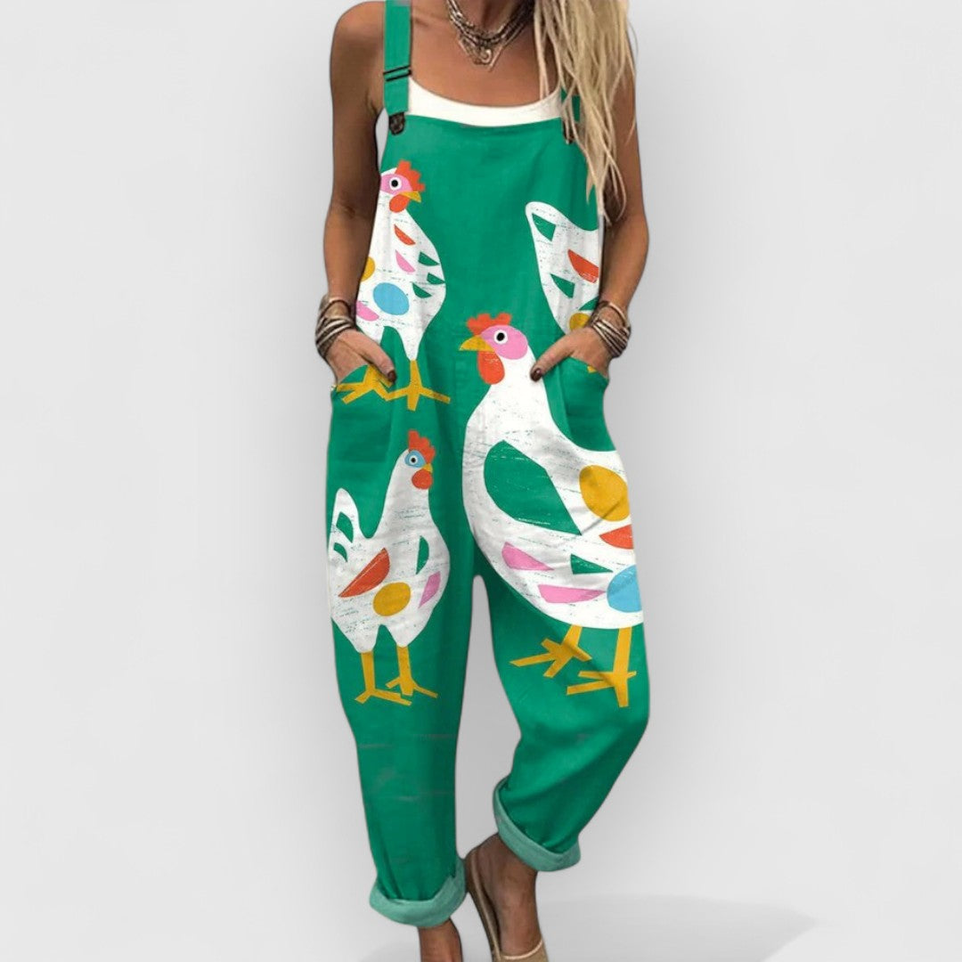 Ésmée - Grüne Latzhose mit Hühnermotiv