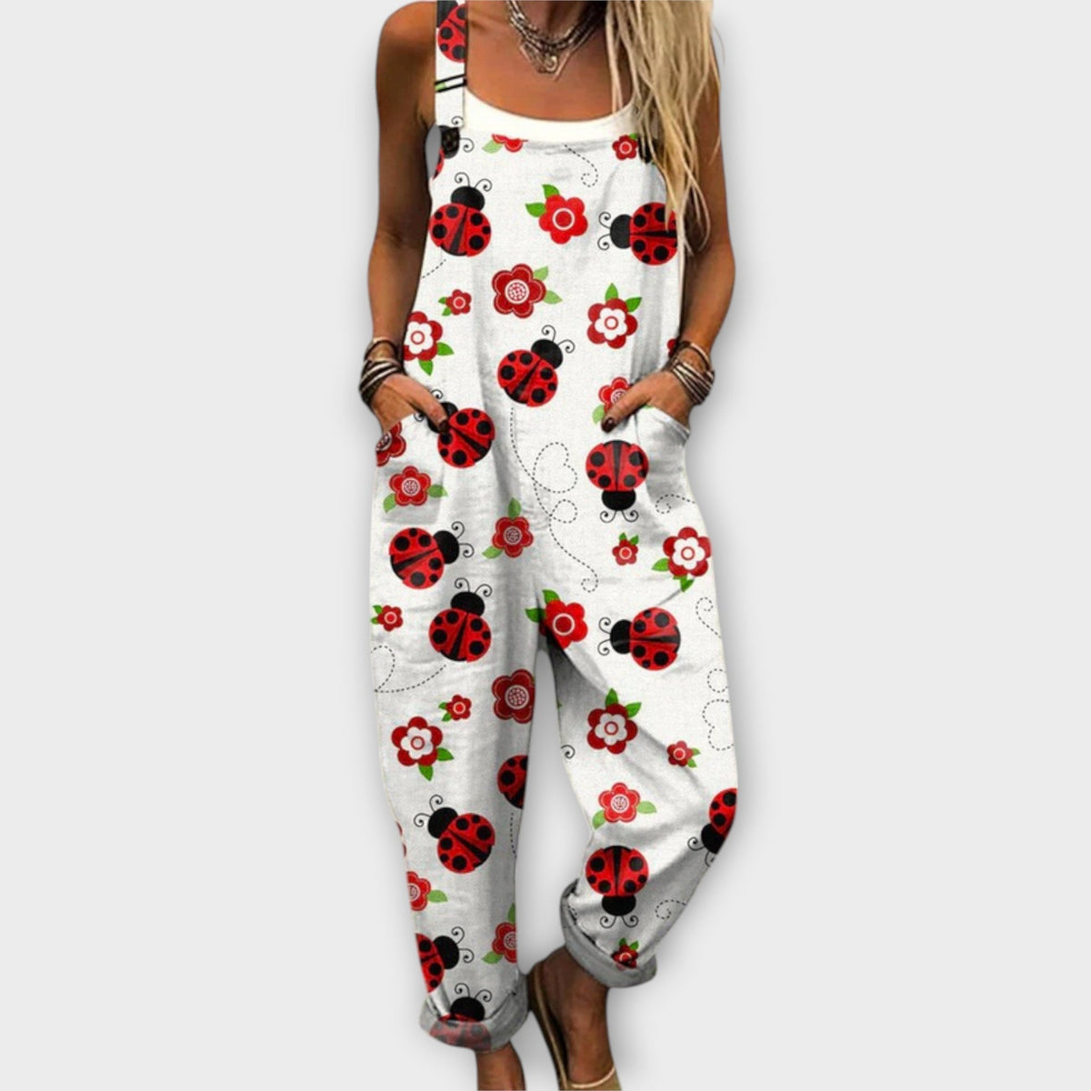 Leni - Weisse Latzhose mit roten Blüten