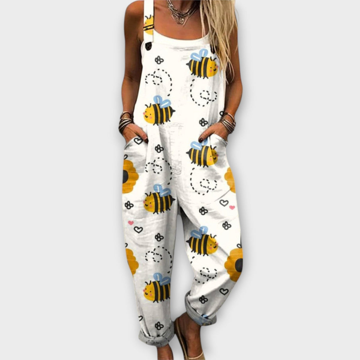 Marlene - Weisse Latzhose mit Bienenmuster
