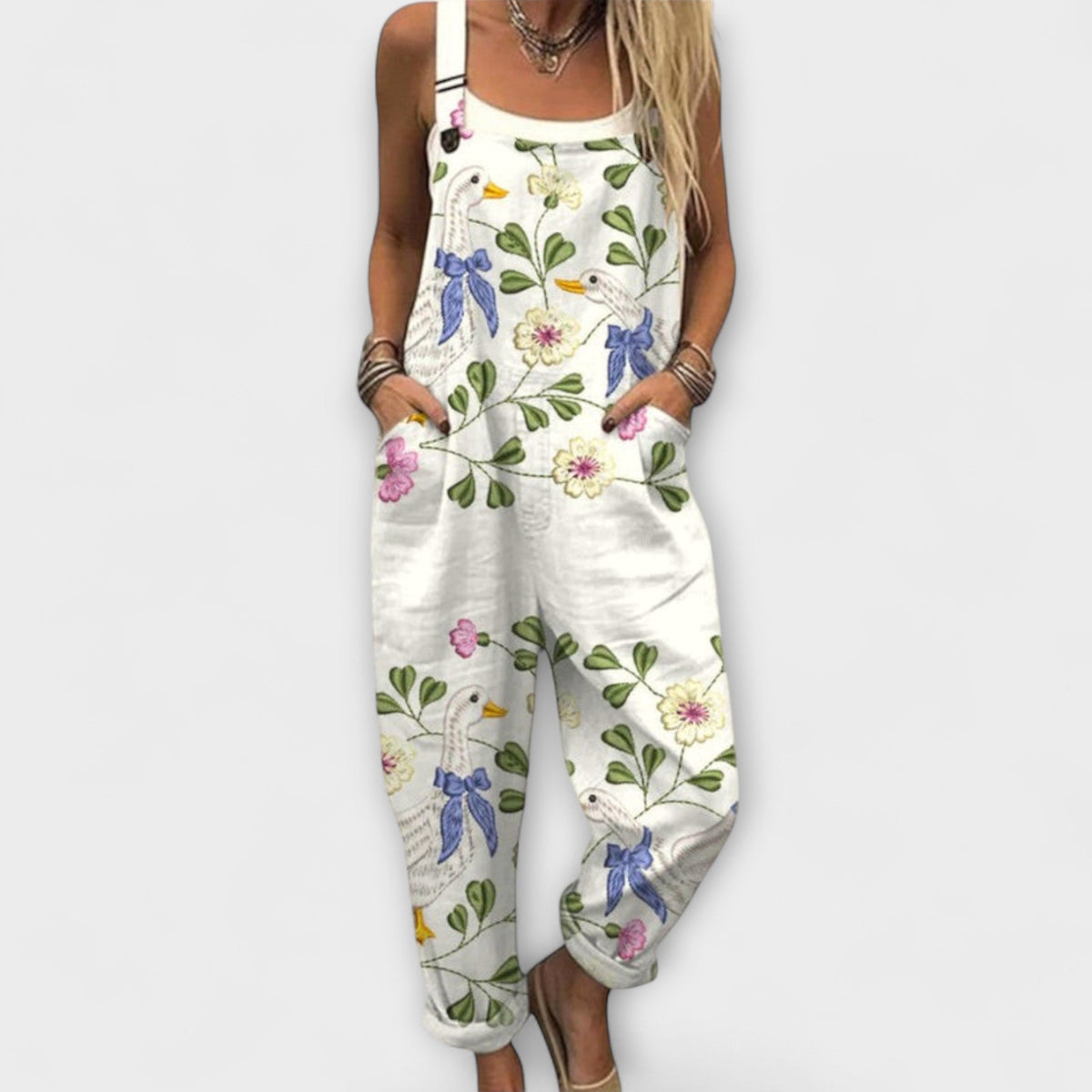 Thaïs - Weisse Latzhose mit bunten Blüten