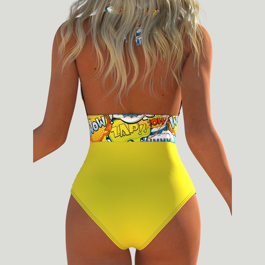 Bernadette - Badeanzug mit Neckholder, Pop-Art-Print und Raffungen
