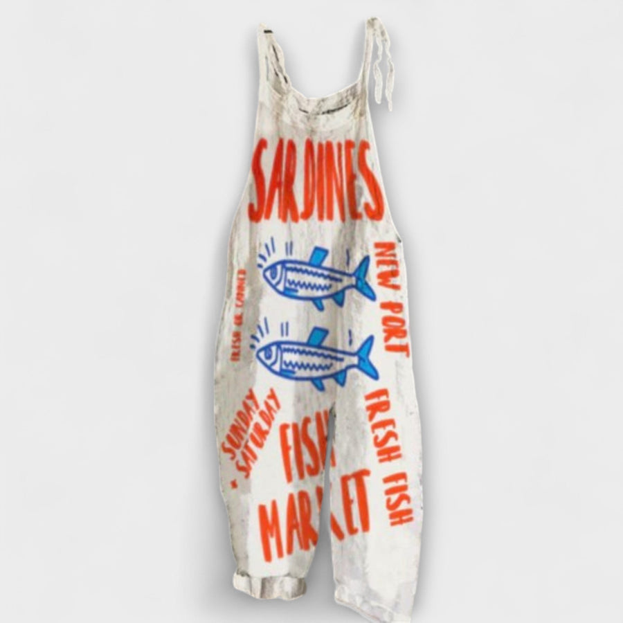 Amelia - Weisse Latzhose mit Sardinen-Print