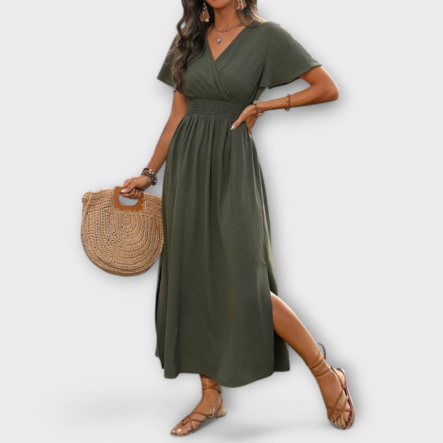 Heather - Olivgrünes Boho-Kleid mit Schlitz