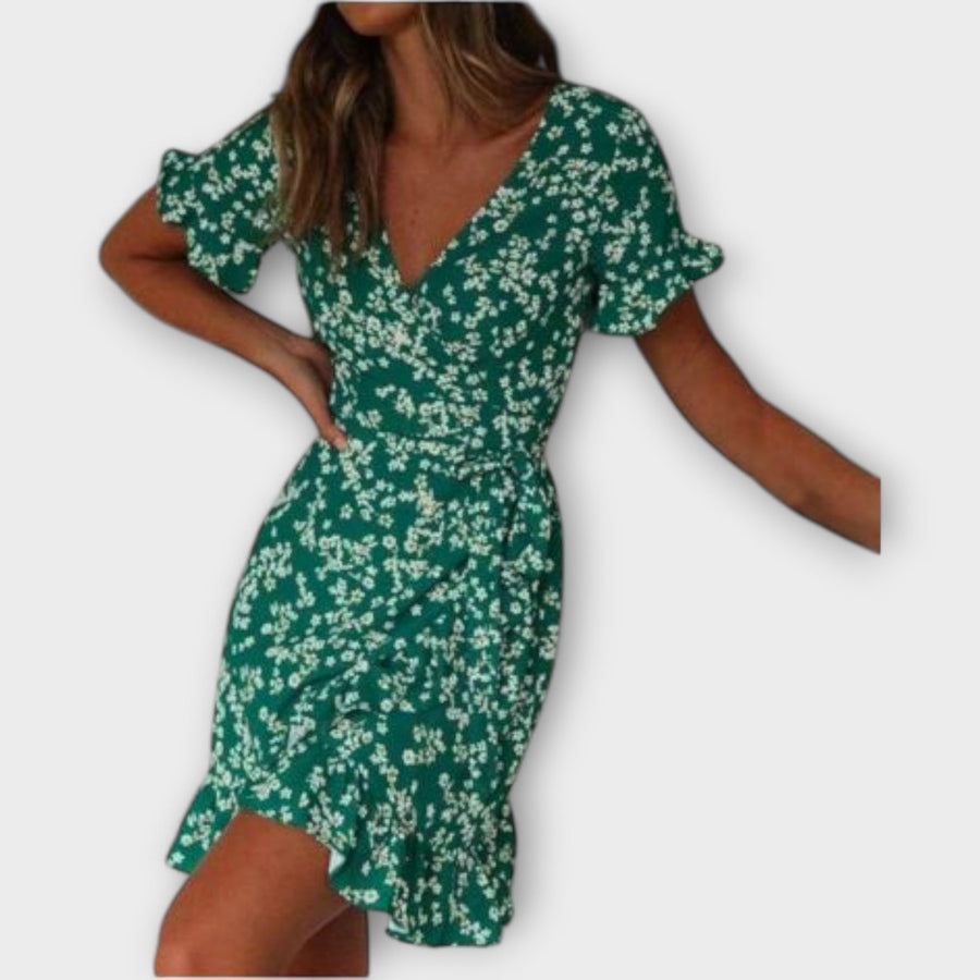 Nilsine - Kurzes grünes Boho-Kleid mit Blütenmuster