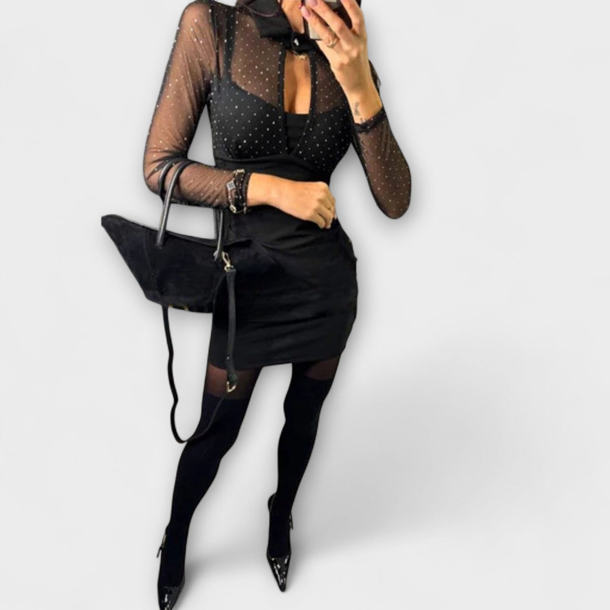 Stevie - Schwarzes Mini-Kleid mit Netz-Glitzer-Ausschnitt