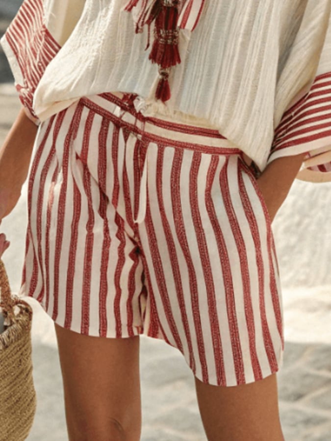 Damen Lockeres Gestreiftes Schal Urlaub Shorts Set