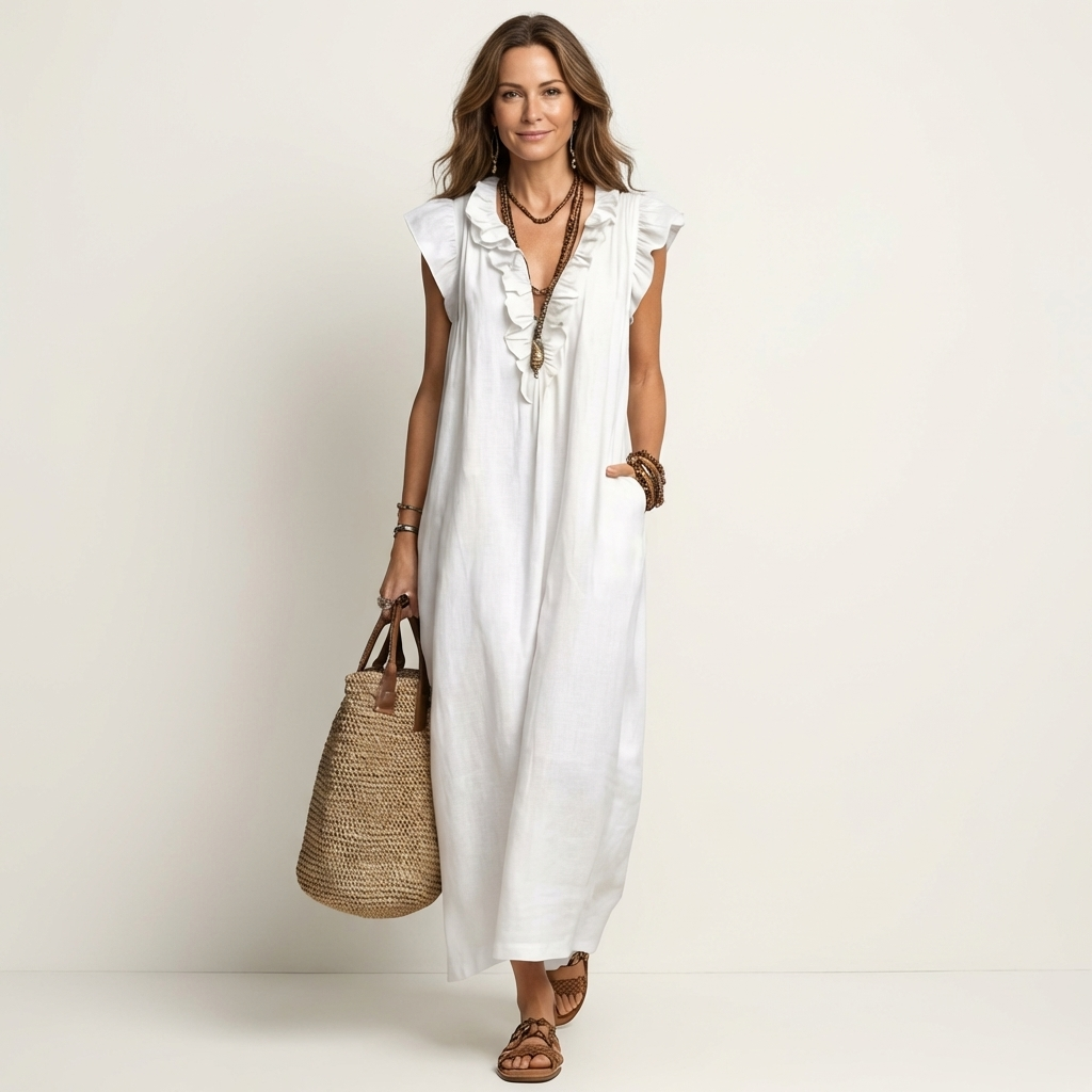 JOSETTE | ELEGANTES RÜSCHEN V-AUSSCHNITT MAXIKLEID