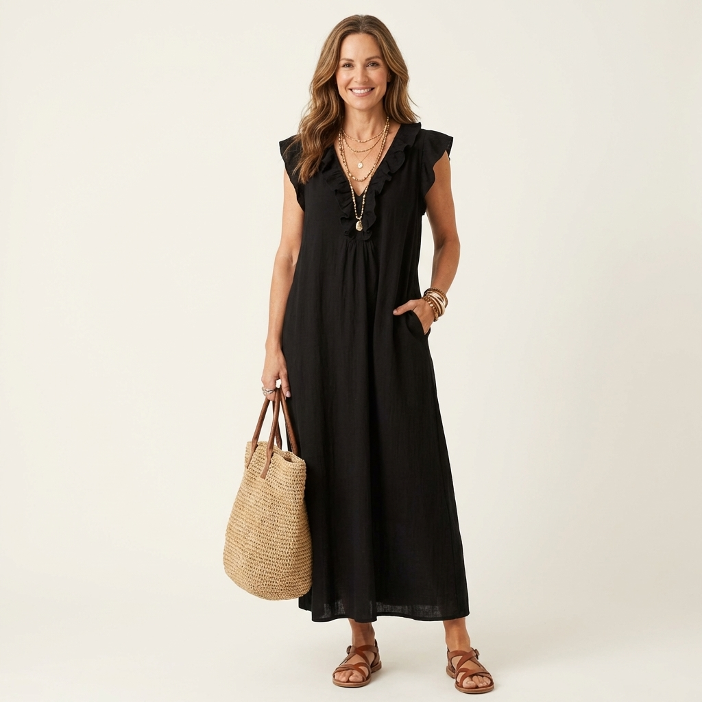 JOSETTE | ELEGANTES RÜSCHEN V-AUSSCHNITT MAXIKLEID