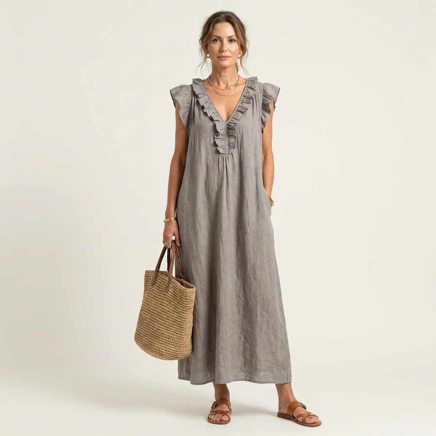 JOSETTE | ELEGANTES RÜSCHEN V-AUSSCHNITT MAXIKLEID