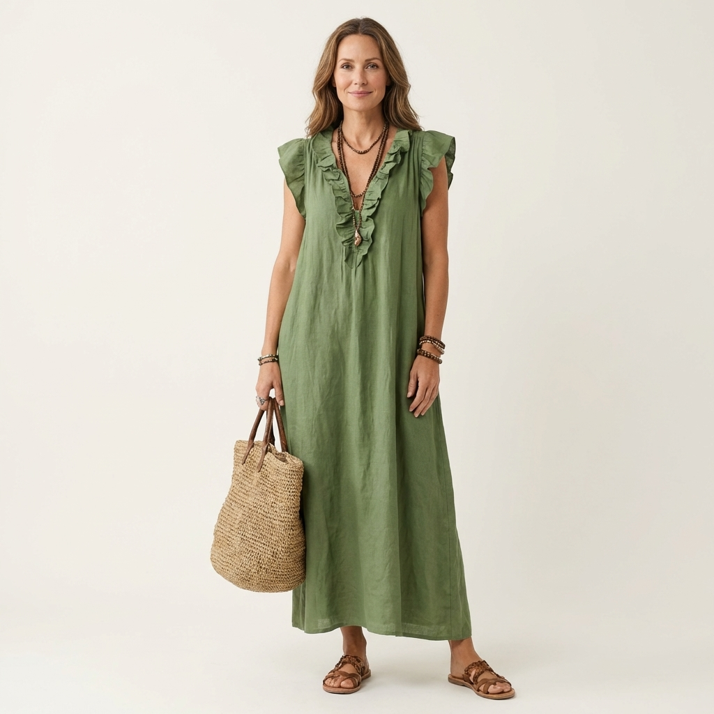 JOSETTE | ELEGANTES RÜSCHEN V-AUSSCHNITT MAXIKLEID