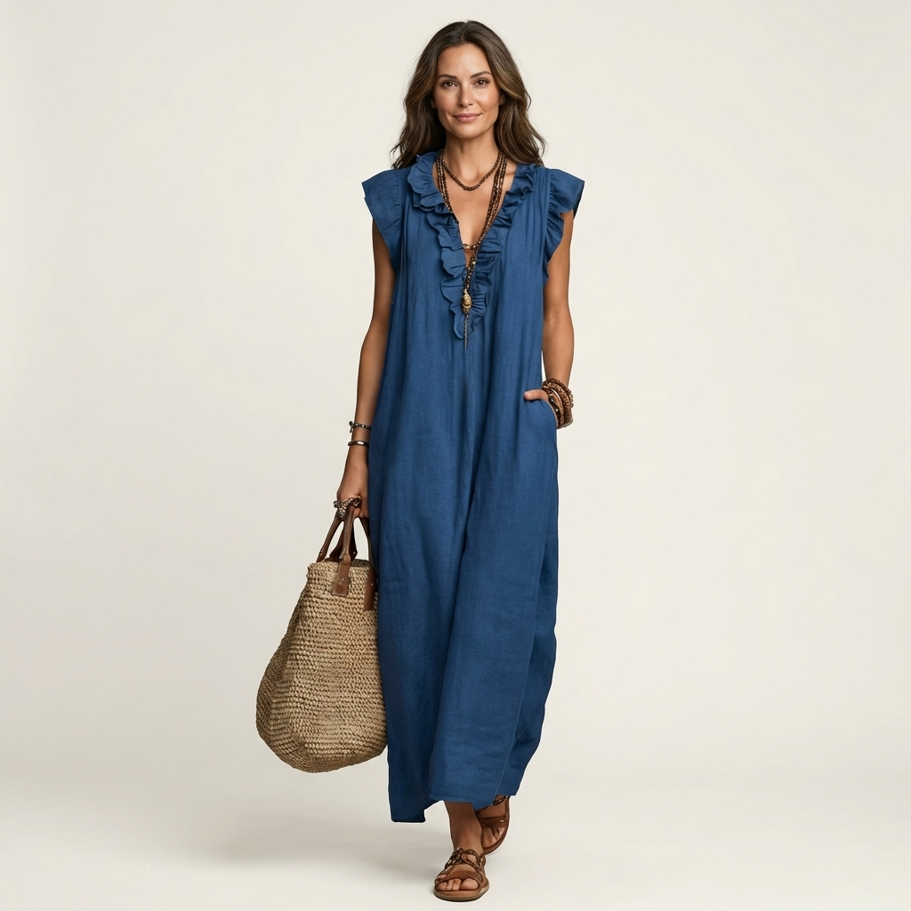 JOSETTE | ELEGANTES RÜSCHEN V-AUSSCHNITT MAXIKLEID