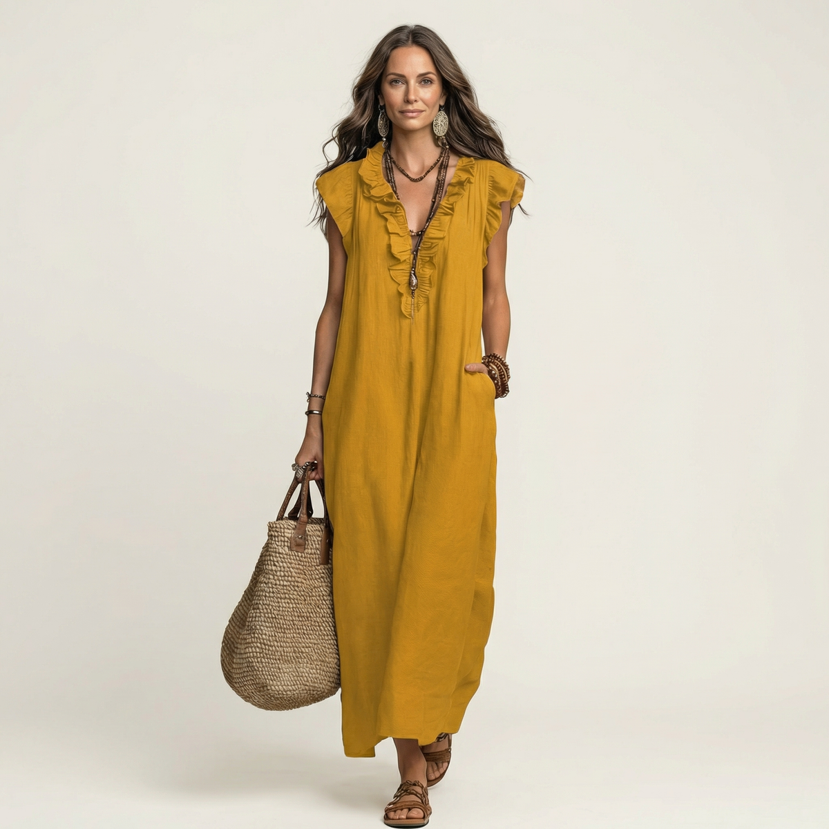 JOSETTE | ELEGANTES RÜSCHEN V-AUSSCHNITT MAXIKLEID