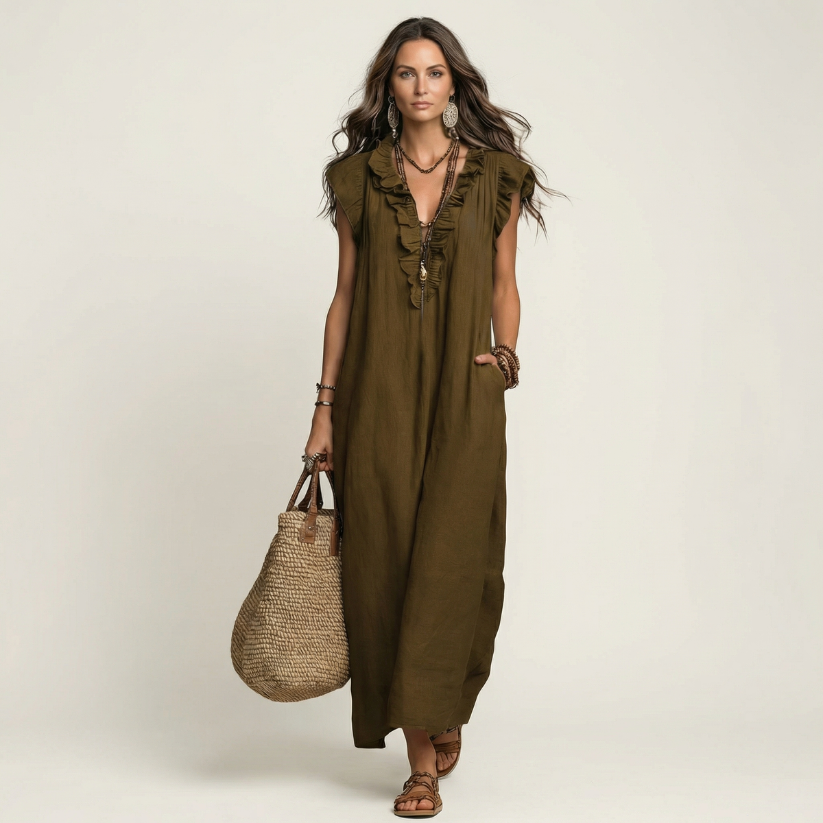 JOSETTE | ELEGANTES RÜSCHEN V-AUSSCHNITT MAXIKLEID