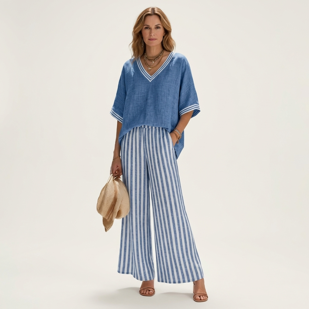 GISELLE | V-AUSSCHNITT COLLEGETOP & STREIFEN WEITE HOSEN SET