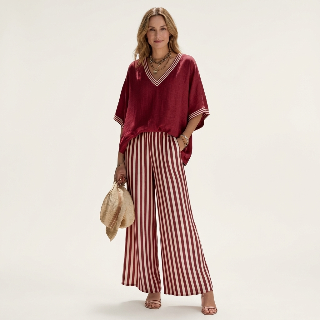 GISELLE | V-AUSSCHNITT COLLEGETOP & STREIFEN WEITE HOSEN SET