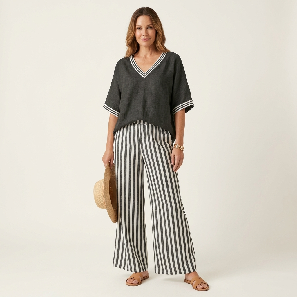GISELLE | V-AUSSCHNITT COLLEGETOP & STREIFEN WEITE HOSEN SET