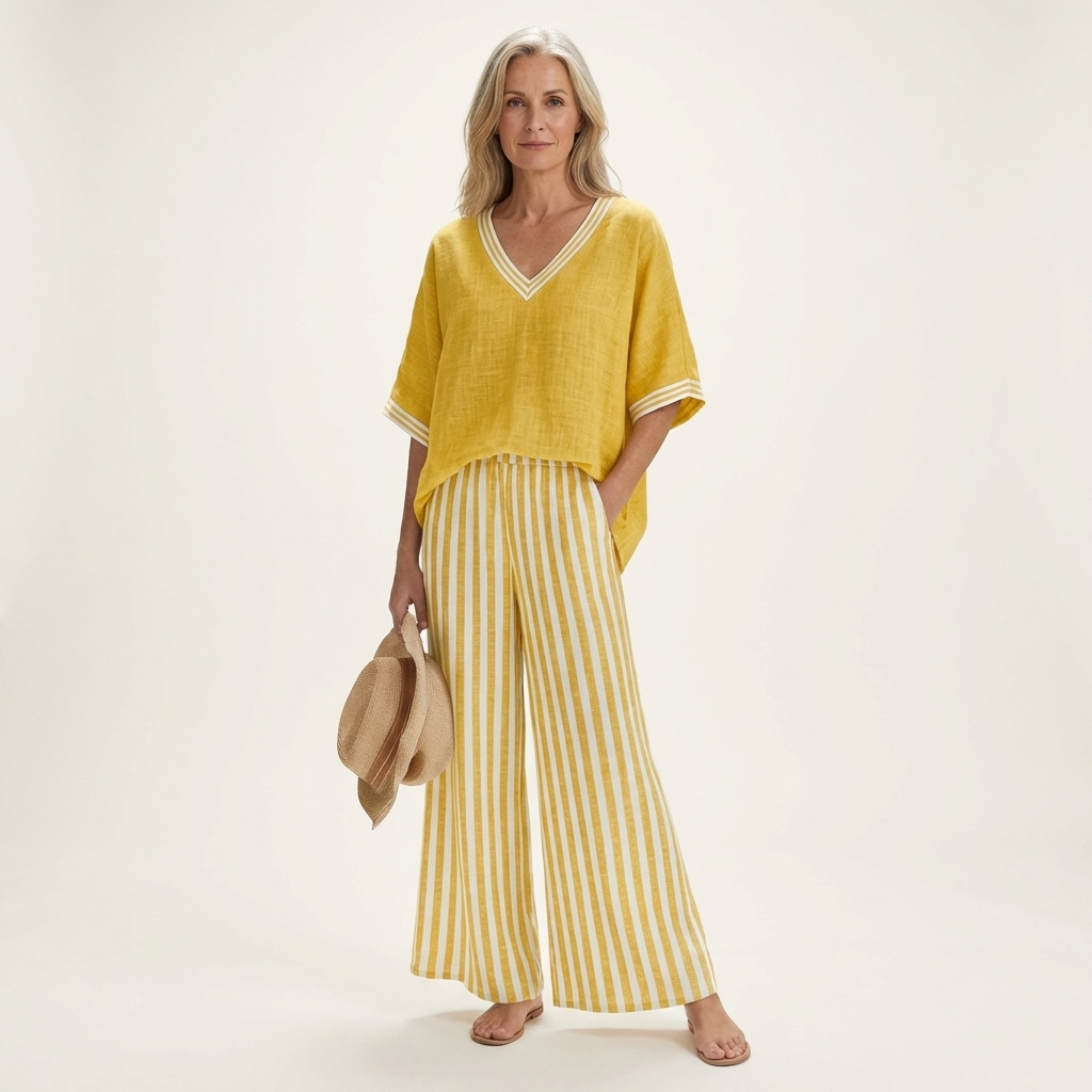 GISELLE | V-AUSSCHNITT COLLEGETOP & STREIFEN WEITE HOSEN SET