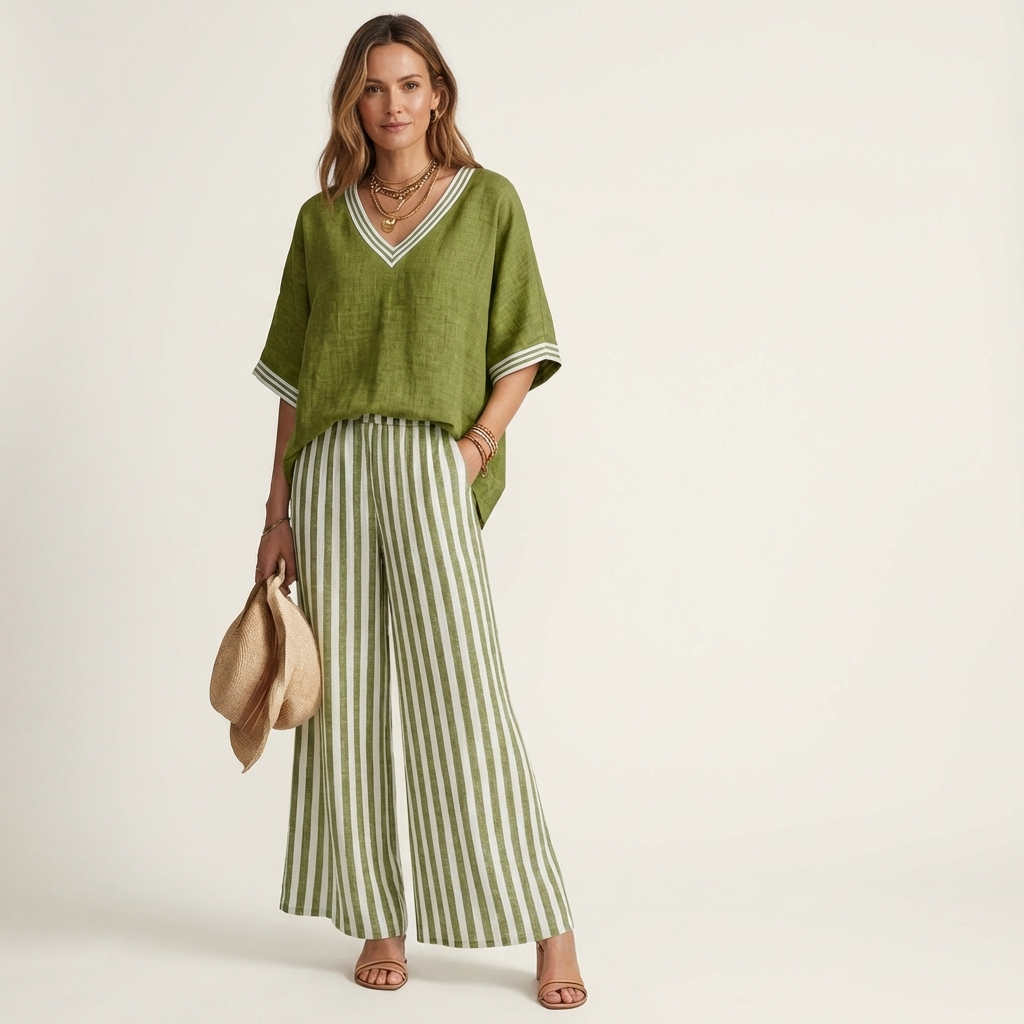 GISELLE | V-AUSSCHNITT COLLEGETOP & STREIFEN WEITE HOSEN SET