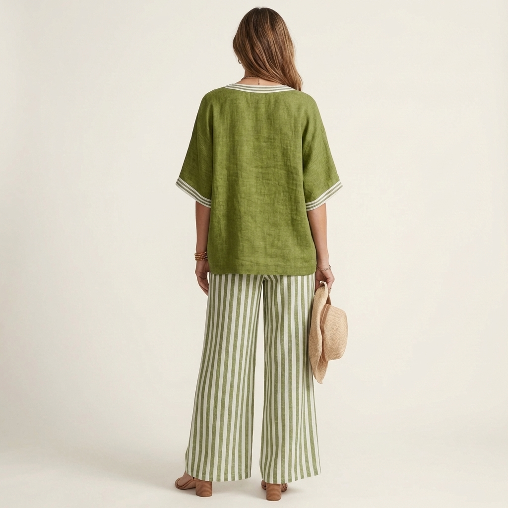 GISELLE | V-AUSSCHNITT COLLEGETOP & STREIFEN WEITE HOSEN SET