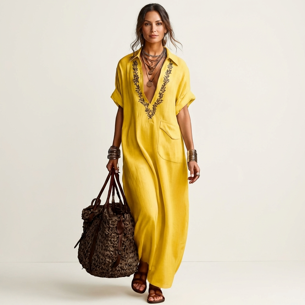 PETRA | BESTICKTES V-AUSSCHNITT LEINEN MAXIKLEID