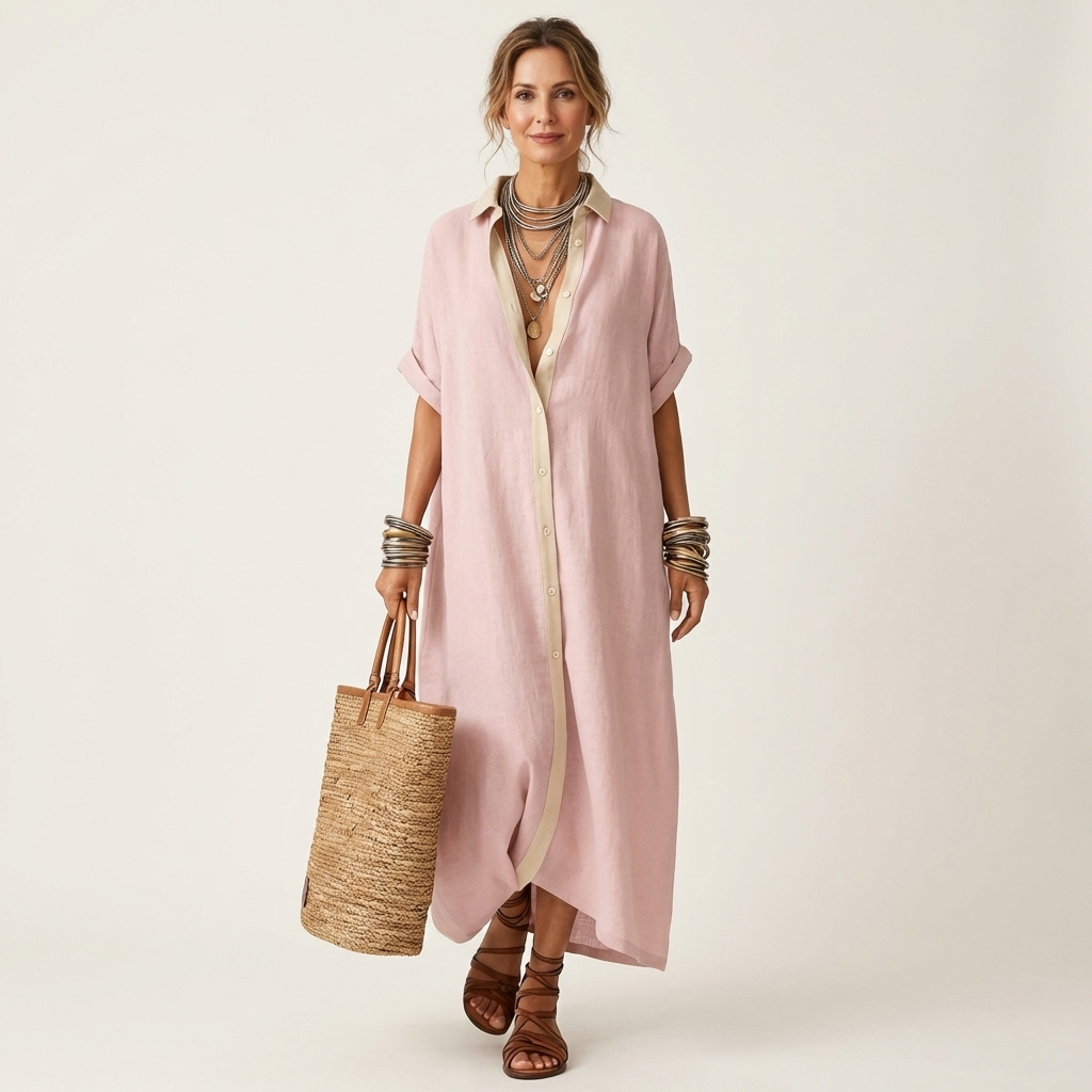 ISOLDE | KONTRAST-KRAGEN KNOPF-VERDIECKTES KURZÄRMEL MAXI-HEMDKLEID