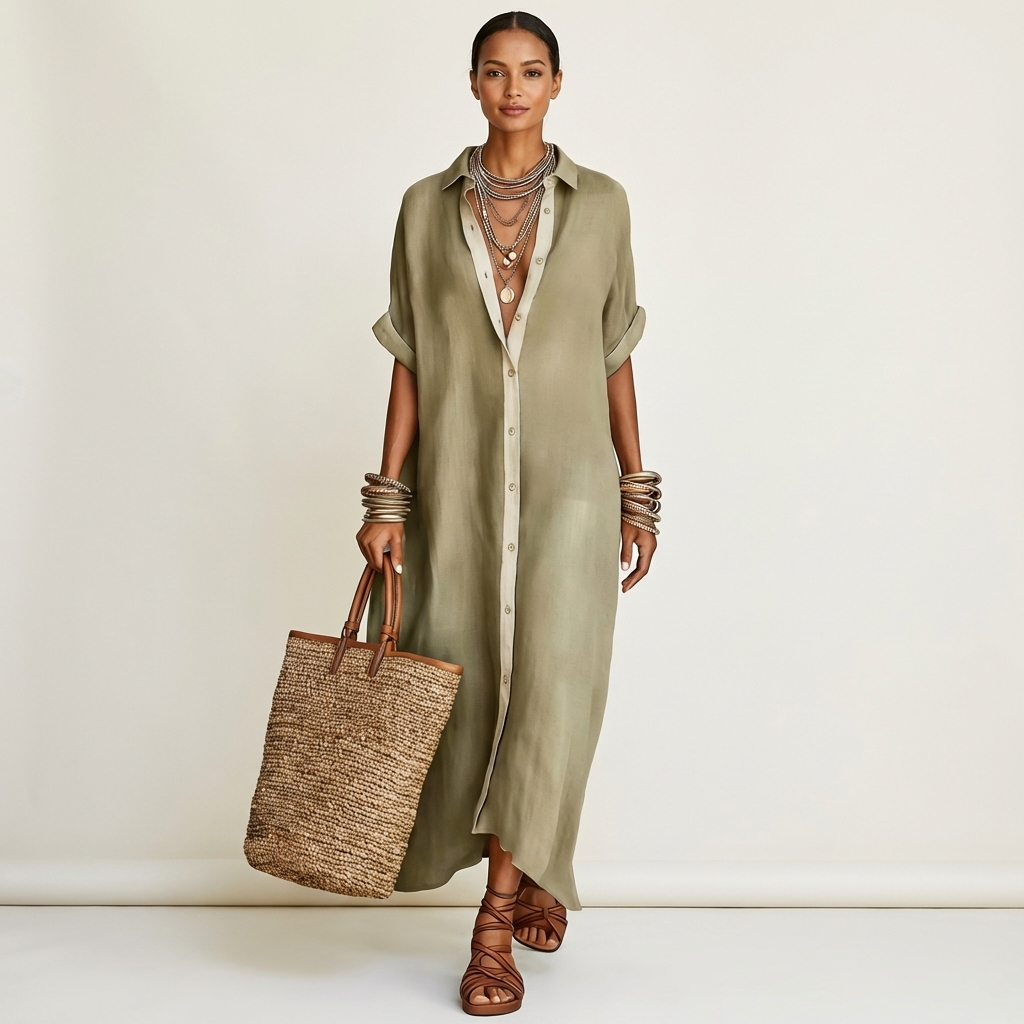 ISOLDE | KONTRAST-KRAGEN KNOPF-VERDIECKTES KURZÄRMEL MAXI-HEMDKLEID