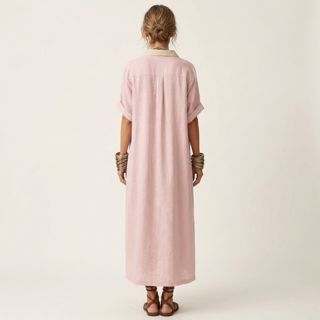 ISOLDE | KONTRAST-KRAGEN KNOPF-VERDIECKTES KURZÄRMEL MAXI-HEMDKLEID