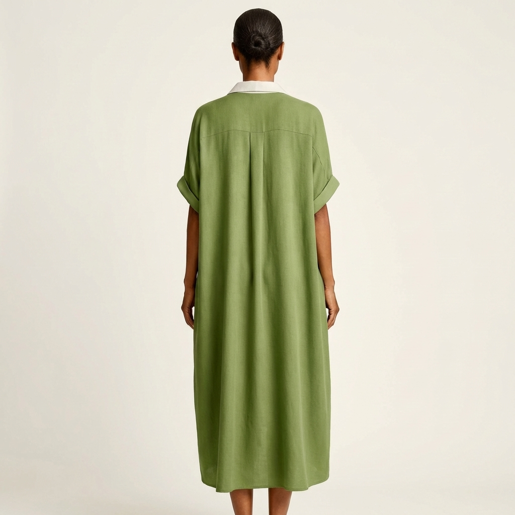 ISOLDE | KONTRAST-KRAGEN KNOPF-VERDIECKTES KURZÄRMEL MAXI-HEMDKLEID