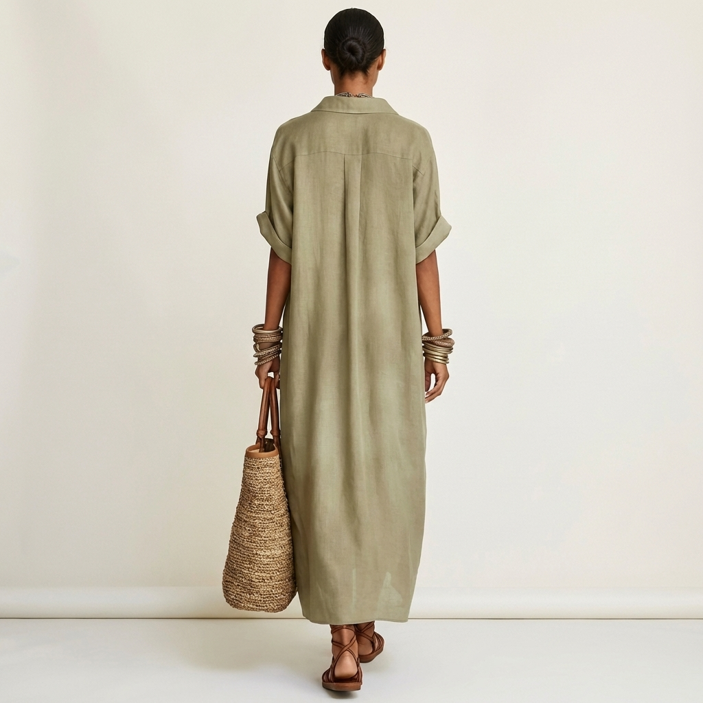ISOLDE | KONTRAST-KRAGEN KNOPF-VERDIECKTES KURZÄRMEL MAXI-HEMDKLEID