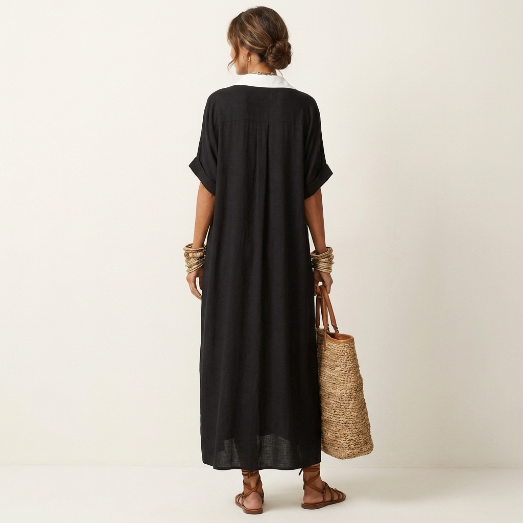 ISOLDE | KONTRAST-KRAGEN KNOPF-VERDIECKTES KURZÄRMEL MAXI-HEMDKLEID