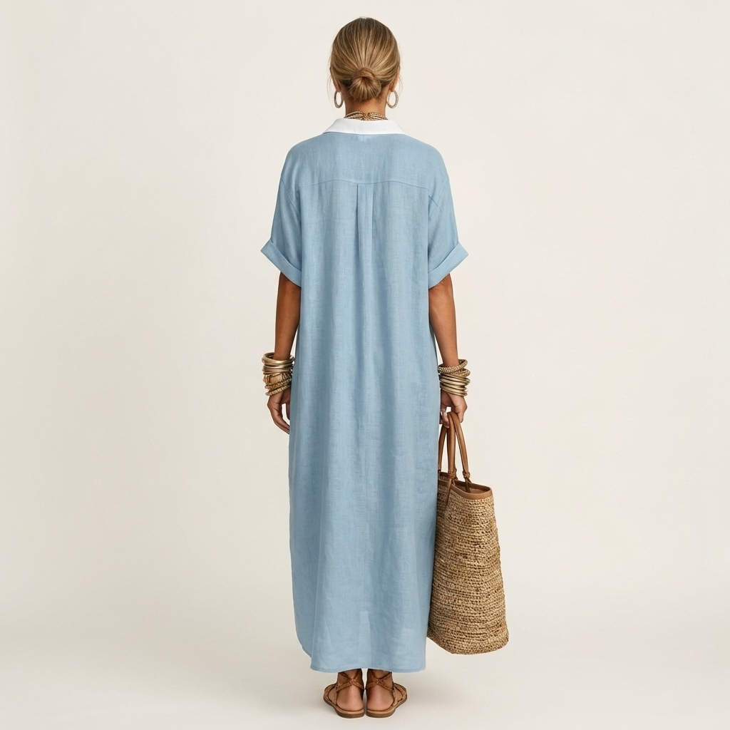 ISOLDE | KONTRAST-KRAGEN KNOPF-VERDIECKTES KURZÄRMEL MAXI-HEMDKLEID