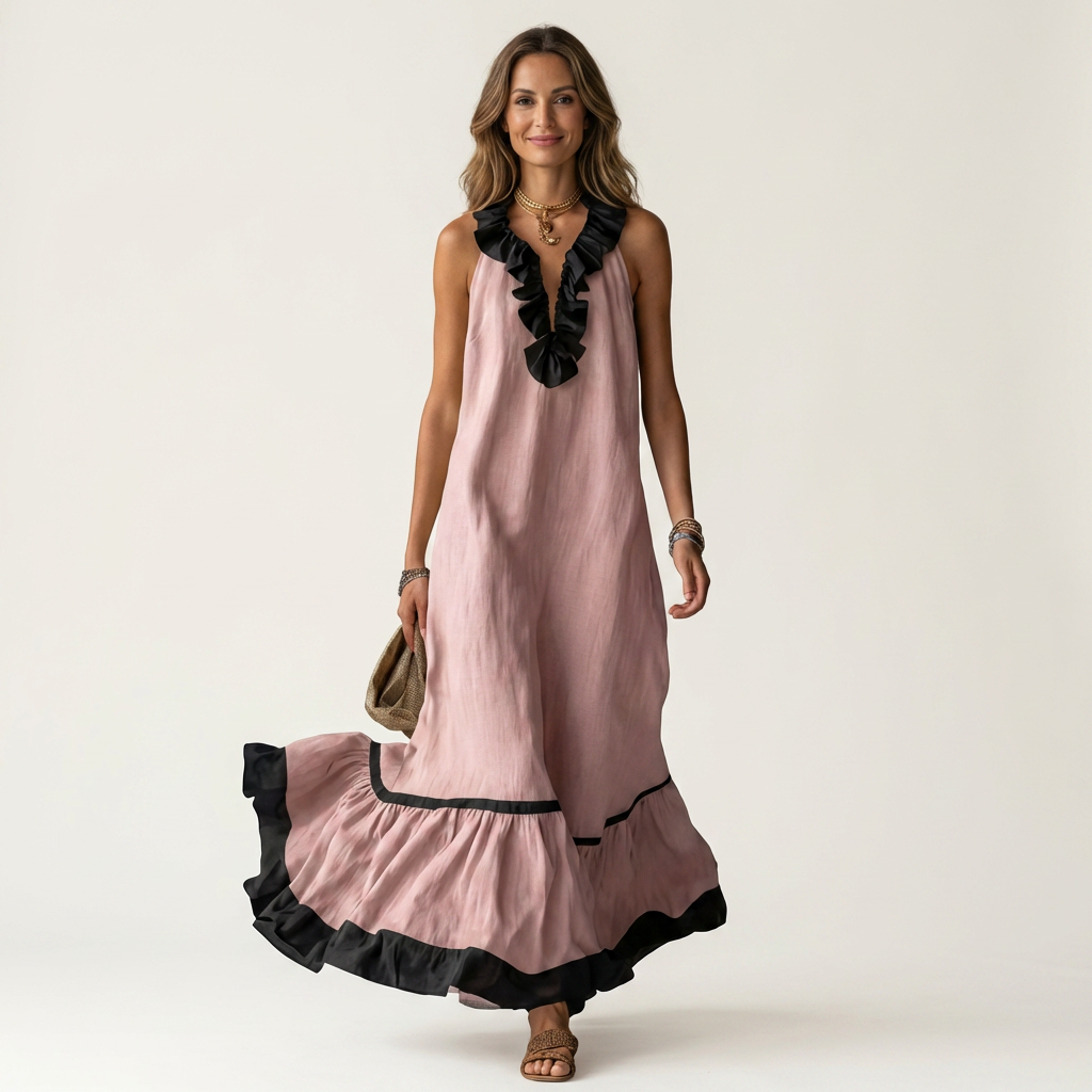 SERAPHINA | ÄRMELLOSES RÜSCHEN-HALS-AUSSCHNITT MAXI-KLEID MIT KONTRAST-BESATZ