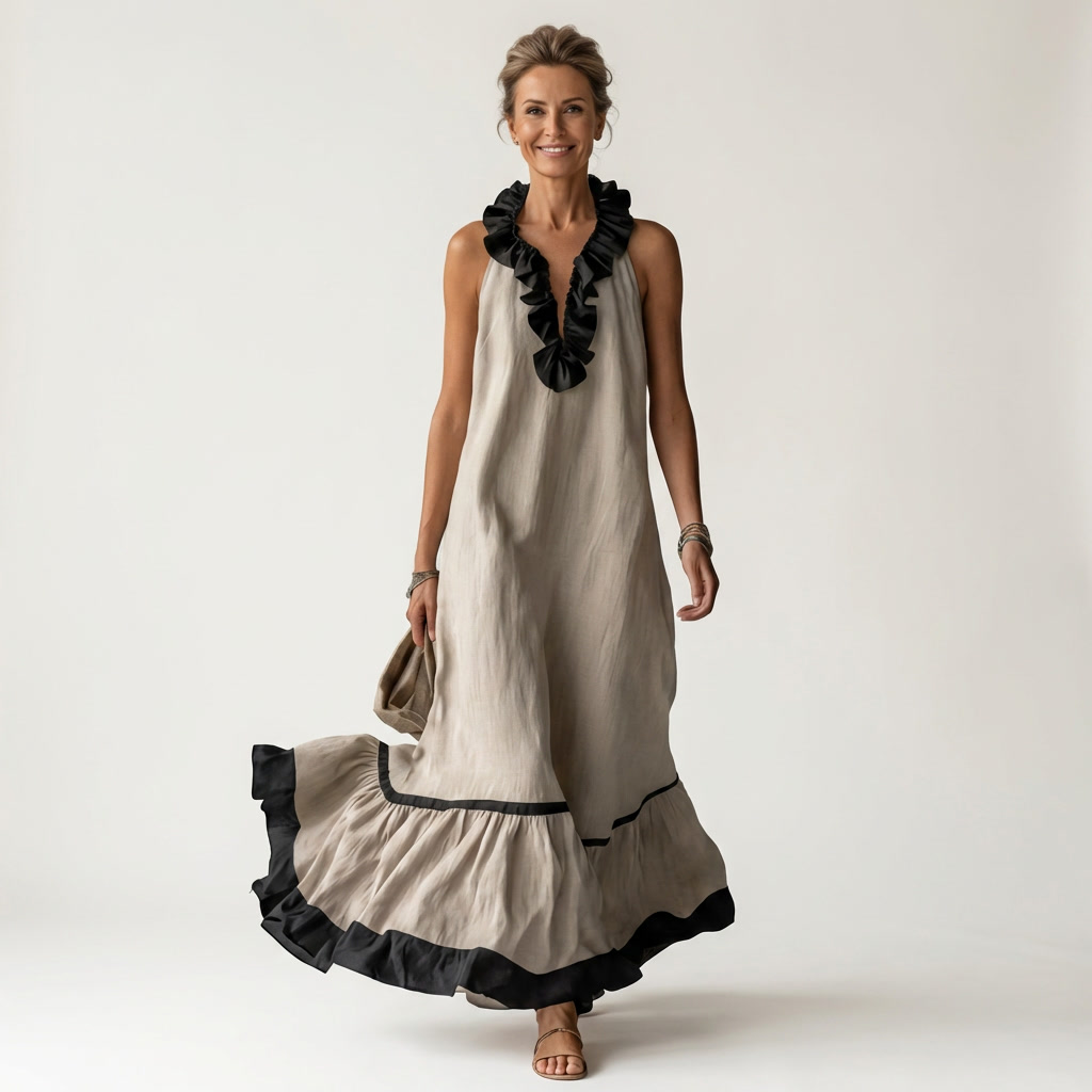 SERAPHINA | ÄRMELLOSES RÜSCHEN-HALS-AUSSCHNITT MAXI-KLEID MIT KONTRAST-BESATZ
