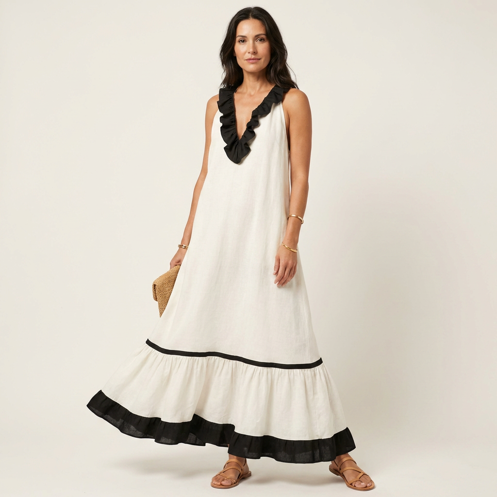 SERAPHINA | ÄRMELLOSES RÜSCHEN-HALS-AUSSCHNITT MAXI-KLEID MIT KONTRAST-BESATZ